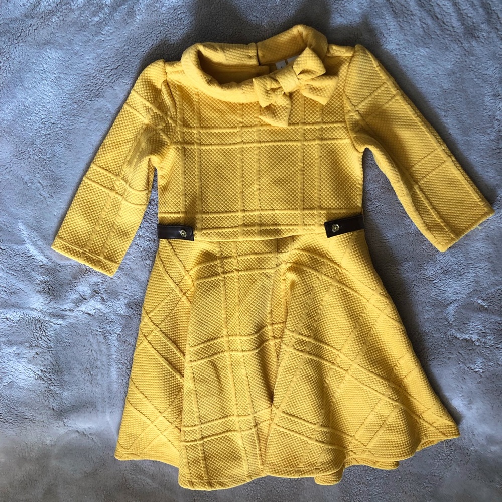 Janie and Jack Yellow Mustard Long Sleeve Dress with Collar and Bow Buttons Belt